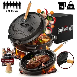 GUSSKÖNIG 9 Liter Dutch Oven Set mit Füßen mit 2in1 Deckelheber