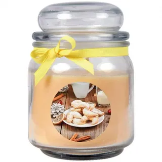 HS Candle Duftkerze (Dekokerze, 1-tlg), Weihnachten - Kerze im Bonbon Glas, Kerze mit Weihnachts - Motiv beige Ø 9 cm x 9 cm x 13 cm x 9 cm