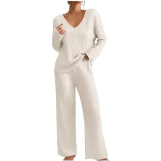 Gerippt Schlafanzug Damen Sets Elegant Rippen Herbst Outfit Weich Loungewear Pyjama Zweiteiler Lose Langarm V-Ausschnitt Oberteile + Weitem Bein Hosen Homewear Nachtwäsche Suit Freizeit Hausanzug - L