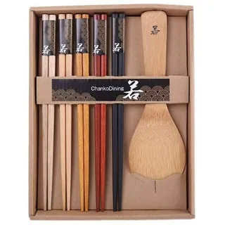 lachineuse - Box mit 5 chinesischen Essstäbchen und Reislöffel aus Holz - für Reiskocher, Reiskocher - traditionelles Geschirr - Geschenk der asiatisch-japanischen Küche