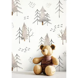 Newroom Vliestapete Forest Grey Tapete Kindertapete Bäume,Tannen,Wald, Grau Tapete Kinder Bäume - Kindertapete Jugendtapete Taupe Weiß Verspielt Tannen Wald für Kinderzimmer Jugendzimmer Babyzimmer, Jugendtapete grau