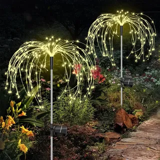 Solar Feuerwerk Gartenlichter, Solar Gartenleuchte Außen 2 Stück 150 LED Solarleuchten Garten Deko Wasserdicht, 8 Modi Solarlampen Warmweiß Solarstecker für Hinterhof Weg Rasen Terrasse Balkon