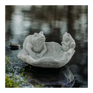 gartendekoparadies.de Gartenfigur Vogeltränke mit Fröschen Steinfigur Steinguss 16 cm 7 kg, Frostsicher grau