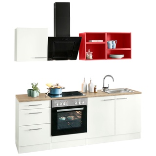 Küchenzeile OPTIFIT "Mini" Komplettküchen-Sets Gr. B/T: 210 cm x 60 cm, rot (küche: weiß, rot, wildeichefarben, korpus: arbeitsplatte: wildeichefarben) Küchenzeilen mit Elektrogeräte
