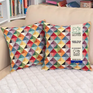 Selfitex 2er Set 40x40 Bunte Sofakissen inkl. Füllkissen, Luxus Sofakissen, farbenfrohes Couchkissen Set, hochwertiger Couchkissen Muster Bezug mit Reißverschluss, Bunte Kissen Deko (Pyramid)