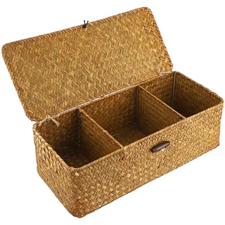SUMNACON Seegras Aufbewahrungsbox mit Deckel Natürliches Seegrakorb 3 Fächern Gewebter Rattanbox Multifunktional Regalkorb Rechteckig Geflochtener korb im Wohn Teetisch Schlaf Bade Café Hotel Karamell