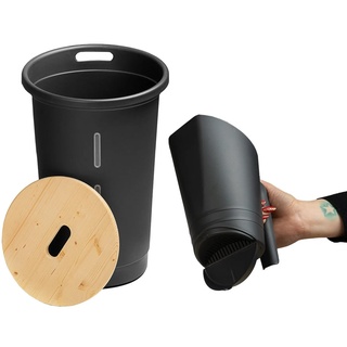ONDIS24 Aufbewahrungsbox Pelletbehälter Aufbewahrungsbehälter mit Deckel aus Holz, Sichtfenster / 60,5 cm (H) / ⌀ 39,7 cm / Volumen 38l / rollend schwarz