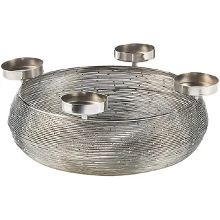 Kobolo Dekokranz Adventskranz aus Metall in Silber mit Schale für 4 Kerzen