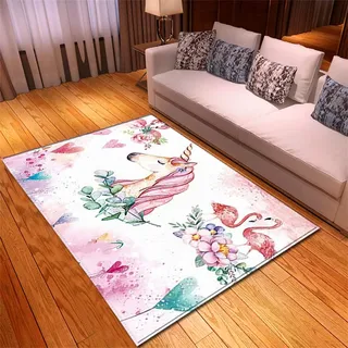 Teppich Einhorn 3D Rainbow Horse Print Kinderteppich Spiel Bodenmatte rutschfest Junge Mädchen Teppich Wohnzimmer Schlafzimmer Schwarz Grau Rosa Blumen Einhorn Fußabtreter (Farbe1,160 x 200 cm)
