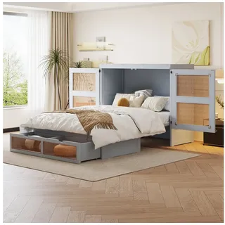 Flieks Schrankbett Holzbett Klappbett 140x200cm mit Schubladen und Rattan-Design grau