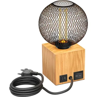 ledscom.de Tischlampe HITO, Holz massiv, eckig, USB, inkl. E27 LED, G120, extra warmweiß, 4W, 220lm