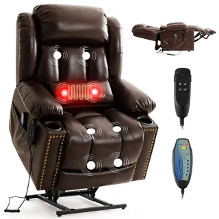 DUANDUAN 2 Motoren Relaxsessel Elektrisch mit Liegefunktion, Massagesessel Fernsehsessel mit Aufstehhilfe, 180°Verstellbar Liegesessel mit Schlaffunktion, Verlängerte Fußstütze, Massageheizung, Braun