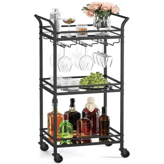 VASAGLE Servierwagen, 3 Ebenen, Rollwagen, mit Rollen, Griffen, verspiegelte Glasablagen, für kleine Räume, Küche, Esszimmer, Bar, schwarz LRC091B62