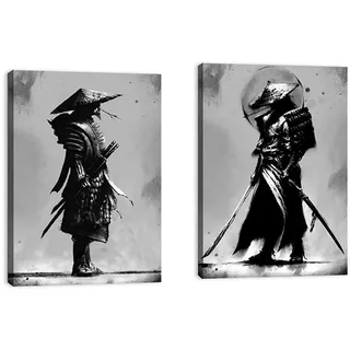 ZHONGYUTONG Schwarz Weiß Japan Samurai Porträt Leinwandbilder mit Rahmen 2 Teilig Japanischer Kunstdruck Wanddekoration Poster für Wohnzimmer (30x45cmx2 Stück)