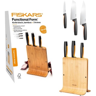 Fiskars Bambus Design-Messerblock mit 3 Messern, Functional Form, Inklusive Gemüsemesser, Santoku Kochmesser und Kochmesser, Kunststoff, Bambus, 1057553