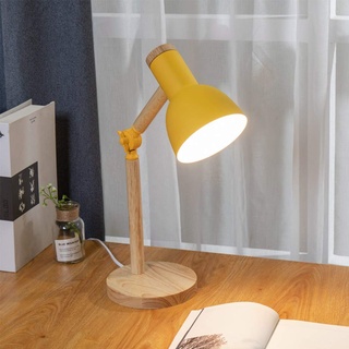 Mengjay Nachttischlampe aus Holz und Metall, Tischlampe E27 Fassung, vintage Lampenschirm aus Metall, Arbeitsleuchte, Bürolampe, Nachttischlampe für Schlafzimmer, Wohnzimmer,Gelb