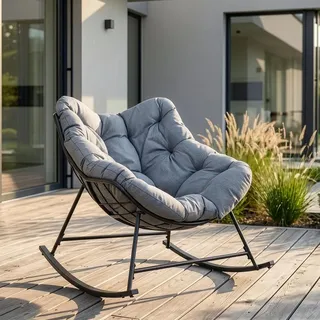 [en.casa] Schaukelstuhl Villeneuve Polyester 85 x 90 x 91 cm Schwarz/Grau mit Kissen
