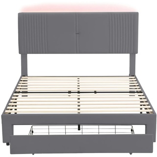 Merax Polsterbett 140 x 200 cm, Doppelbett mit Lichtleiste und USB-Buchse, großer Schublade, Doppelbett in Samtstoff, für Erwachsene, Grau