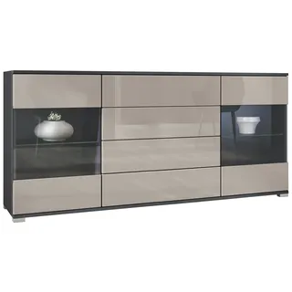 Vladon Sideboard Bari V2 (Kommode mit 2 Türen, 4 Schubladen und 2 flexible Glaseinlegeböden), Anthrazit matt/Sandgrau Hochglanz (166,5 x 75,5 x 35) grau