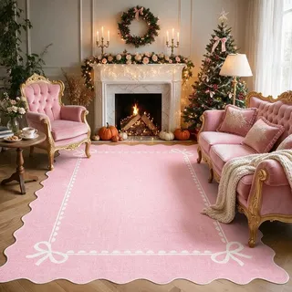 CAROMIO Moderner gewellter Teppich für Wohnzimmer, 160 x 230 cm, waschbarer Teppich für Schlafzimmer, großes Schleifen-Design, Kurzflor Gummi-Rückseite, Fußmatten für Heimdekoration, Rosa