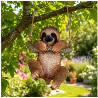Online-Fuchs Gartenfigur für draußen - Faultier zum Aufhängen, Garten Deko Figuren, hängend 87, (wetterfest, Deko für Garten, Terrasse & Balkon), ca. 16 cm groß, mit Naturseil 48 cm lang braun