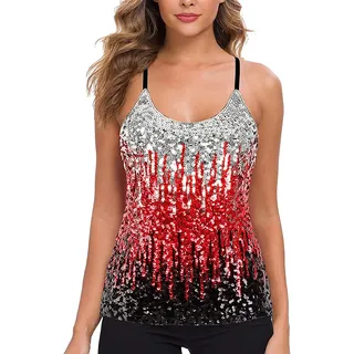 WILLIAMHUA Damen Pailletten Tops Glitzer Oberteile Sparkle Party Weste Ärmellos Tunika Weste Damen Sequin Tank Top (XL, Rot) - XL