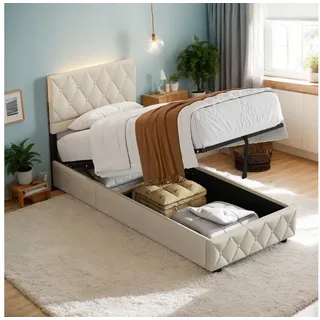 REDOM Polsterbett Funktionsbett Stauraumbett (Strapazierfähig und schmutzabweisend,elastische Polsterung, 90x200 cm mit Lattenrost ohne Matratze), Lattenrost, schlichtes Design beige