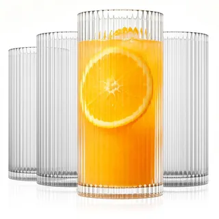 INSETLAN 370ml Geriffelte Longdrinkgläser 4er-Set mit Glasstrohhalm | Hochwertige Cocktailgläser & Trinkgläser | Ideal für Whisky, Bier, Säfte | Spülmaschinenfest