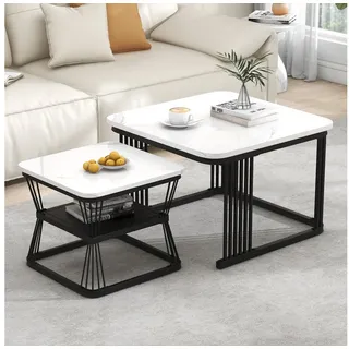 BlingBin Couchtisch Moderne Beistelltische, Satztisch, Wohnzimmertisch, Kaffeetisch (2er Set, 2-St., 65x65x45 cm & 45x45x39,5 cm, Gewichtskapazität: 30KG), Sofatisch, MDF in Marmoroptik, Stahlrohr Weiß Hochglänzend Schwarz schwarz