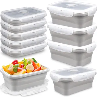 8 Stück Faltbare Brotdose, 550ML Klappbar Frischhaltedosen mit Deckel, Zusammenklappbare Lunchbox aus Silikon, Faltbare Schüssel Camping,Meal Prep & Bento Box,Mikrowellen & Gefrierschrankgeeignet,Grau