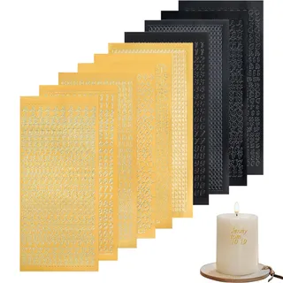 Wachsbuchstaben für Kerzen 10 Blatt Buchstaben Sticker und Zahlen Aufkleber Kerzen Beschriften mit Hilfspinzette Klebebuchstaben Gold für DIY Geschenk Kerzendekoration Handwerk (Gold/Schwarz)