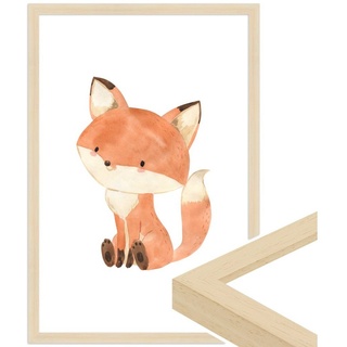 WANDStyle Bild mit Rahmen Fuchs, Aquarell Poster für Kinderzimmer bunt
