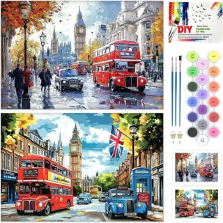 Malen nach Zahlen 20x30 cm, London Bus, Acrylfarbe, für Anfänger, Hobby
