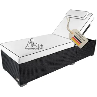 RS Trade Sonnenliege Gartenliege wetterfest extra hoch auch für Senioren – Polyrattan Outdoor mit Rollen, stabil & belastbar bis 200kg, XXL für Garten Terrasse Balkon, schwarz Rattan, helle Auflage