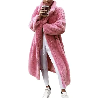 ORANDESIGNE Rosa Taschen Knöpfen Umlegekragen Langarm Oversize Winter Dicker Warmer Lange Teddymantel Damen Mode XS - XS