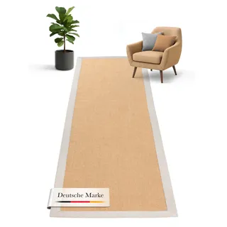 carpetfine Sisalteppich Läufer Naturfarbe 60x180 cm handgewebt mit Bordüre aus Baumwolle in Taupe | Rutschfester Flachgewebe Teppichläufer Uni aus Naturfasern für Wohnzimmer, Schlafzimmer