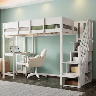 Flieks Etagenbett 90x200cm mit Schreibtisch und Regal, Kinder Hochbett mit Treppe und Schubladen, Holzbett Einzelbett Stockbett, Weiß - Weiß