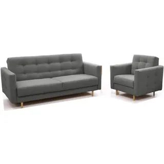 MOEBLO Polstergarnitur SCARLETT 3+1, (Klappsofa Bettfunktion Couch Wohnzimmer, Polstergarnituren Sofa mit Sessel Schlafsofa Kippsofa), mit Schlaffunktion und Bettkasten grau