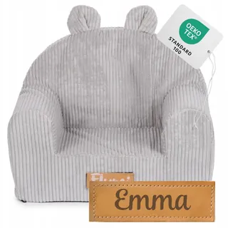 Flumi Personalisierte Kindersessel – Babysessel - Kindersitz fur Kinderzimmer Spielzimmer – Sessel mit Gravur Kindername (Grauer Kord)