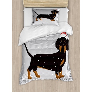 Bettwäsche Milbensicher Allergiker geeignet mit Kissenbezug, Abakuhaus, Microfaser, Dackel Hund trägt Weihnachtsmütze Schnee grau 130 cm x 200 cm