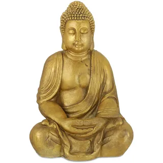 Relaxdays Buddha Figur Garten, wetterfest, frostsicher, XL Gartenbuddha sitzend, Gartenfigur, HBT: 70 x 45 x 35 cm, Gold