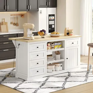 Fortuna Lai Sideboard,Kücheninsel, Bar-Schrank mit 5 Schubladen, 2 Ausziehböden, klappbarer Erweiterungsplatte und integrierten Steckdosen, für ... - Weiß