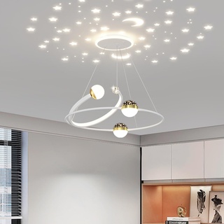 Bellastein Moderne LED Hängeleuchte Esstisch Sternenhimmel Pendelleuchte mit Fernbedienung Chic Ring Design Büro Kronleuchter Küchen Wohnzimmer Deckenleuchten Höhenverstellbar (L60cm, Weiß)
