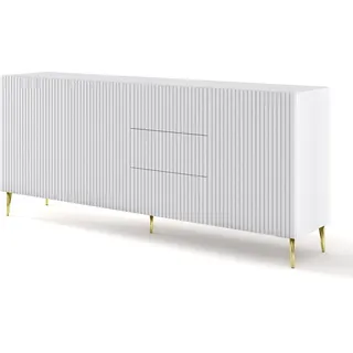 BIM Furniture Kommode mit 3 Schubladen 200 cm Breite - Sideboard mit Gefräster Front, Kommodenschrank, Schlafzimmerschrank mit Goldenen Metallstiftbeinen, 200x42x87 cm Weiß Matt