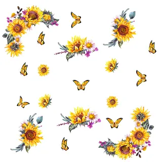 Wandtattoo Aquarell-Sonnenblumen Wandaufkleber Blüten Gelb Wandsticker Sonne, Blume, Schmetterling Wohnzimmer Schlafzimmer Sofa Hintergrund