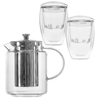 KVOTA Teekanne Tee-Set: 1L Kanne mit Edelstahlsieb und 2 doppelwandige Gläser 350 ml, 1 l, (1xTeekanne, 2x doppelwandige Gläser) weiß