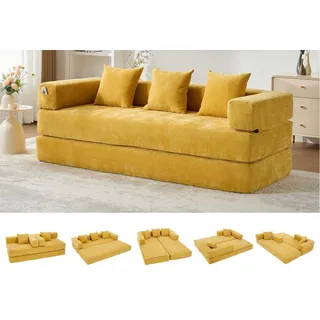 LVHOM Loungesofa 3 Sitzer Sofa mit Schlaffunktion, Formveränderung, mit Seitentaschen, Rutschfeste Unterseite, zwei Kissen verbunden mit Reißverschluss, modular frei kombinierbar (mit festen Armlehnen) für Sofa/Liege/Spielzentrum. Premium Chenille (superweich). Schaumstoff-Füllung (schnelle Rückfederung). Tiefe Sitzfläche (Komfort), in Wohnzimmer,Kinderzimmer, Homeoffice, Leseecke, Spielzimmer gelb