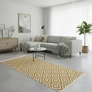 Fashion4Home Teppich Läufer - Tepiche für Wohnzimmer, Schlafzimmer, Küche, Kinderzimmer, Badezimmer - Boho Kelim - Läufer Flur, Trio-Gold-Weiß, Größe: 80x150 cm