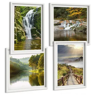 BILDER SET 4er Set - 50x50 cm & 40x60 cm Weißer Rahmen - Wasserfälle, Berge, Wolken, Herbst