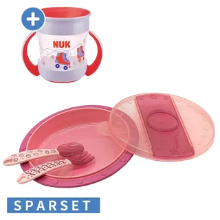 Nuk 4-tlg. Set für unterwegs inkl. Babyteller mit Besteck & Trinklern-Becher - Pink